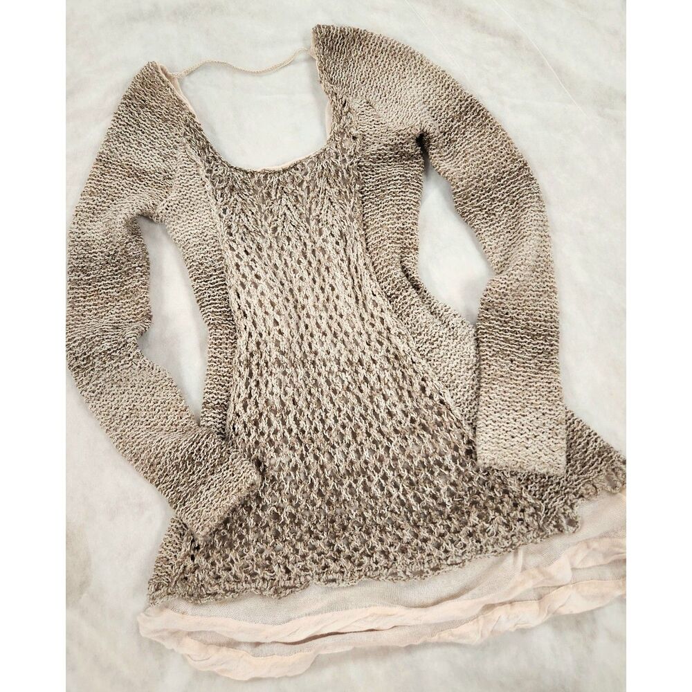 Free People Womens Open Knit Sweater Medium Boho Layered Gauze Tunic - Picture 2 of 14